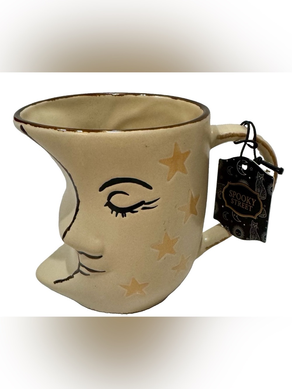 Spooky Street Witchy Halloween DualSided Moon Shaped Coffee Mug w/Stars Face NWT